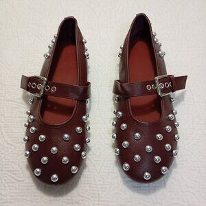 ZRSHENUTO Brown synthetic Leather Studded Flats Size 38 With Buckle Strap